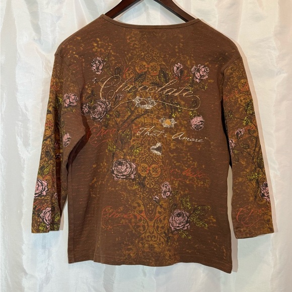 Studio Collection by Endear Designs Brown Graphic Floral Top Size Large - Picture 2 of 7